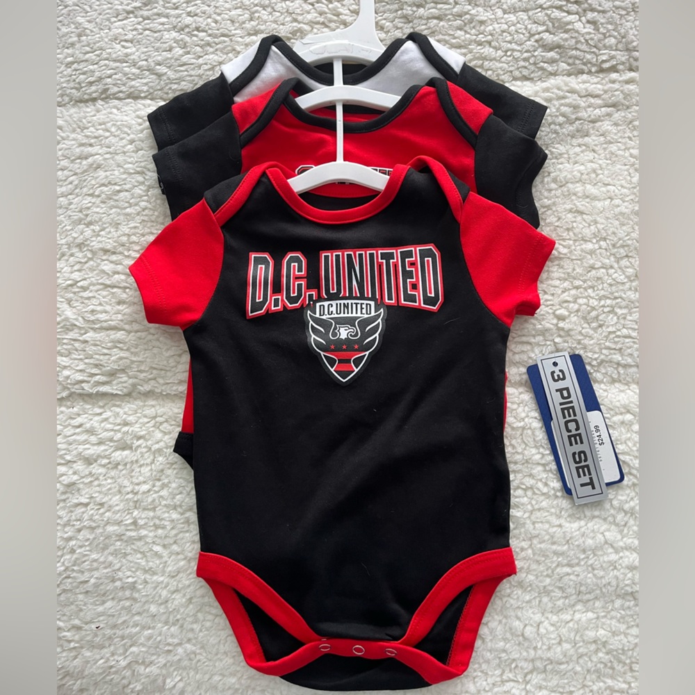 3pc Set of DC United Infant Onesies - sizes  6/9 months.  NWT